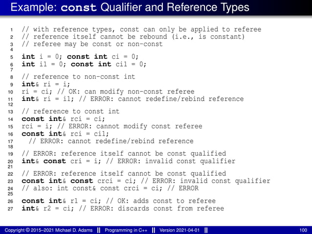 Example: const Qualifier and Reference Types
1 // with reference types, const can only be applied to referee
2 // reference itself cannot be rebound (i.e., is constant)
3 // referee may be const or non-const
4
5 int i = 0; const int ci = 0;
6 int i1 = 0; const int ci1 = 0;
7
8 // reference to non-const int
9 int& ri = i;
10 ri = ci; // OK: can modify non-const referee
11 int& ri = i1; // ERROR: cannot redefine/rebind reference
12
13 // reference to const int
14 const int& rci = ci;
15 rci = i; // ERROR: cannot modify const referee
16 const int& rci = ci1;
17 // ERROR: cannot redefine/rebind reference
18
19 // ERROR: reference itself cannot be const qualified
20 int& const cri = i; // ERROR: invalid const qualifier
21
22 // ERROR: reference itself cannot be const qualified
23 const int& const crci = ci; // ERROR: invalid const qualifier
24 // also: int const& const crci = ci; // ERROR
25
26 const int& r1 = ci; // OK: adds const to referee
27 int& r2 = ci; // ERROR: discards const from referee
Copyright © 2015–2021 Michael D. Adams Programming in C++ Version 2021-04-01 100
 
