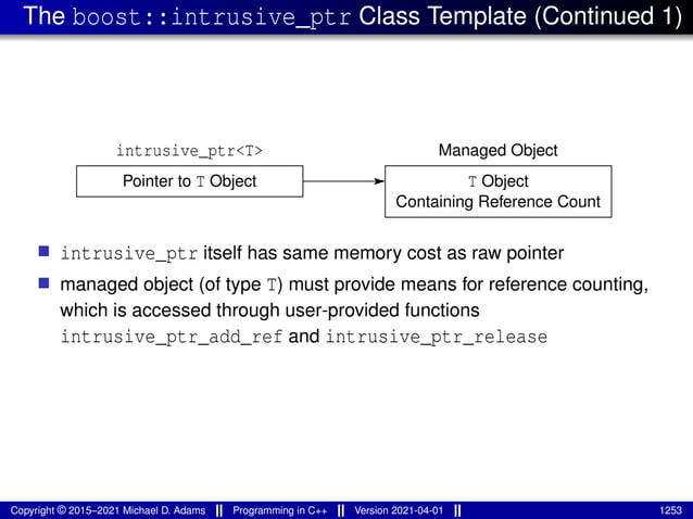 The boost::intrusive_ptr Class Template (Continued 1)
Pointer to T Object
intrusive_ptr<T>
T Object
Managed Object
Containing Reference Count
■ intrusive_ptr itself has same memory cost as raw pointer
■ managed object (of type T) must provide means for reference counting,
which is accessed through user-provided functions
intrusive_ptr_add_ref and intrusive_ptr_release
Copyright © 2015–2021 Michael D. Adams Programming in C++ Version 2021-04-01 1253
 