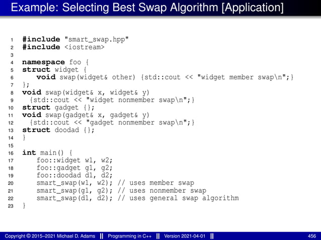 Example: Selecting Best Swap Algorithm [Application]
1 #include "smart_swap.hpp"
2 #include <iostream>
3
4 namespace foo {
5 struct widget {
6 void swap(widget& other) {std::cout << "widget member swapn";}
7 };
8 void swap(widget& x, widget& y)
9 {std::cout << "widget nonmember swapn";}
10 struct gadget {};
11 void swap(gadget& x, gadget& y)
12 {std::cout << "gadget nonmember swapn";}
13 struct doodad {};
14 }
15
16 int main() {
17 foo::widget w1, w2;
18 foo::gadget g1, g2;
19 foo::doodad d1, d2;
20 smart_swap(w1, w2); // uses member swap
21 smart_swap(g1, g2); // uses nonmember swap
22 smart_swap(d1, d2); // uses general swap algorithm
23 }
Copyright © 2015–2021 Michael D. Adams Programming in C++ Version 2021-04-01 456
 