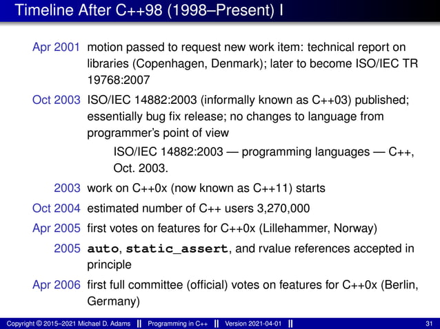 Timeline After C++98 (1998–Present) I
Apr 2001 motion passed to request new work item: technical report on
libraries (Copenhagen, Denmark); later to become ISO/IEC TR
19768:2007
Oct 2003 ISO/IEC 14882:2003 (informally known as C++03) published;
essentially bug fix release; no changes to language from
programmer’s point of view
ISO/IEC 14882:2003 — programming languages — C++,
Oct. 2003.
2003 work on C++0x (now known as C++11) starts
Oct 2004 estimated number of C++ users 3,270,000
Apr 2005 first votes on features for C++0x (Lillehammer, Norway)
2005 auto, static_assert, and rvalue references accepted in
principle
Apr 2006 first full committee (official) votes on features for C++0x (Berlin,
Germany)
Copyright © 2015–2021 Michael D. Adams Programming in C++ Version 2021-04-01 31
 