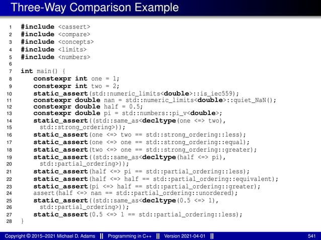 Three-Way Comparison Example
1 #include <cassert>
2 #include <compare>
3 #include <concepts>
4 #include <limits>
5 #include <numbers>
6
7 int main() {
8 constexpr int one = 1;
9 constexpr int two = 2;
10 static_assert(std::numeric_limits<double>::is_iec559);
11 constexpr double nan = std::numeric_limits<double>::quiet_NaN();
12 constexpr double half = 0.5;
13 constexpr double pi = std::numbers::pi_v<double>;
14 static_assert((std::same_as<decltype(one <=> two),
15 std::strong_ordering>));
16 static_assert(one <=> two == std::strong_ordering::less);
17 static_assert(one <=> one == std::strong_ordering::equal);
18 static_assert(two <=> one == std::strong_ordering::greater);
19 static_assert((std::same_as<decltype(half <=> pi),
20 std::partial_ordering>));
21 static_assert(half <=> pi == std::partial_ordering::less);
22 static_assert(half <=> half == std::partial_ordering::equivalent);
23 static_assert(pi <=> half == std::partial_ordering::greater);
24 assert(half <=> nan == std::partial_ordering::unordered);
25 static_assert((std::same_as<decltype(0.5 <=> 1),
26 std::partial_ordering>));
27 static_assert(0.5 <=> 1 == std::partial_ordering::less);
28 }
Copyright © 2015–2021 Michael D. Adams Programming in C++ Version 2021-04-01 541
 