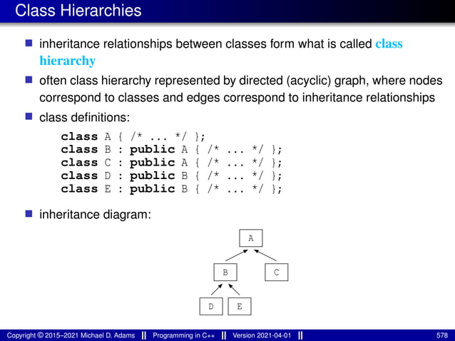 Class Hierarchies
■ inheritance relationships between classes form what is called class
hierarchy
■ often class hierarchy represented by directed (acyclic) graph, where nodes
correspond to classes and edges correspond to inheritance relationships
■ class definitions:
class A { /* ... */ };
class B : public A { /* ... */ };
class C : public A { /* ... */ };
class D : public B { /* ... */ };
class E : public B { /* ... */ };
■ inheritance diagram:
B
E
D
C
A
Copyright © 2015–2021 Michael D. Adams Programming in C++ Version 2021-04-01 578
 