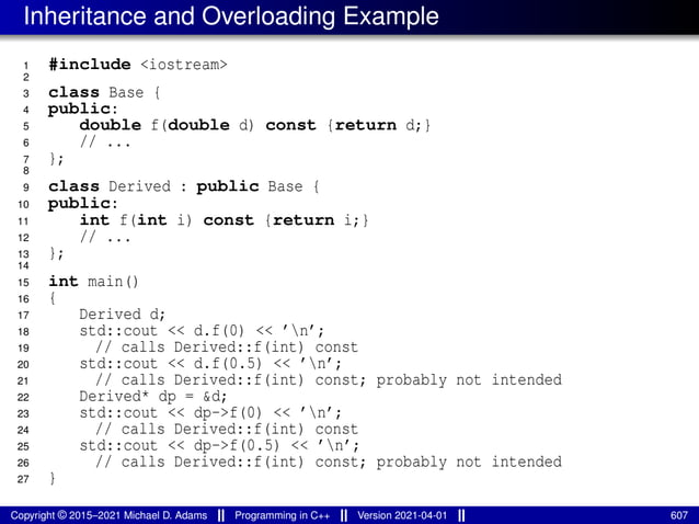 Inheritance and Overloading Example
1 #include <iostream>
2
3 class Base {
4 public:
5 double f(double d) const {return d;}
6 // ...
7 };
8
9 class Derived : public Base {
10 public:
11 int f(int i) const {return i;}
12 // ...
13 };
14
15 int main()
16 {
17 Derived d;
18 std::cout << d.f(0) << ’n’;
19 // calls Derived::f(int) const
20 std::cout << d.f(0.5) << ’n’;
21 // calls Derived::f(int) const; probably not intended
22 Derived* dp = &d;
23 std::cout << dp->f(0) << ’n’;
24 // calls Derived::f(int) const
25 std::cout << dp->f(0.5) << ’n’;
26 // calls Derived::f(int) const; probably not intended
27 }
Copyright © 2015–2021 Michael D. Adams Programming in C++ Version 2021-04-01 607
 