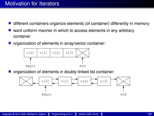 Motivation for Iterators
■ different containers organize elements (of container) differently in memory
■ want uniform manner in which to access elements in any arbitrary
container
■ organization of elements in array/vector container:
v[3]
v[1]
v[0] v[2]
begin end
■ organization of elements in doubly-linked list container:
end
v[0]
begin
v[1] v[2] v[3]
Copyright © 2015–2021 Michael D. Adams Programming in C++ Version 2021-04-01 783
 