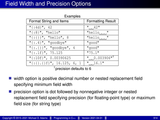 Field Width and Precision Options
Examples
Format String and Items Formatting Result
"{:4d}", 42 " 42"
"{:8}", "hello" "hello "
"{:{}}", "hello", 8 "hello "
"{:.4}", "goodbye" "good"
"{:.{}}", "goodbye", 4 "good"
"{:.1f}", 75.125 "75.1"
"{:10f}", 0.00390625 " 0.003906"†
"{:{}.{}f}", 16.125, 6, 1 " 16.1"
†precision defaults to 6
■ width option is positive decimal number or nested replacement field
specifying minimum field width
■ precision option is dot followed by nonnegative integer or nested
replacement field specifying precision (for floating-point type) or maximum
field size (for string type)
Copyright © 2015–2021 Michael D. Adams Programming in C++ Version 2021-04-01 914
 