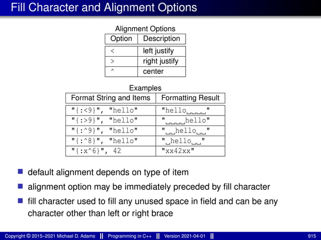 Fill Character and Alignment Options
Alignment Options
Option Description
< left justify
> right justify
^ center
Examples
Format String and Items Formatting Result
"{:<9}", "hello" "hello "
"{:>9}", "hello" " hello"
"{:^9}", "hello" " hello "
"{:^8}", "hello" " hello "
"{:x^6}", 42 "xx42xx"
■ default alignment depends on type of item
■ alignment option may be immediately preceded by fill character
■ fill character used to fill any unused space in field and can be any
character other than left or right brace
Copyright © 2015–2021 Michael D. Adams Programming in C++ Version 2021-04-01 915
 