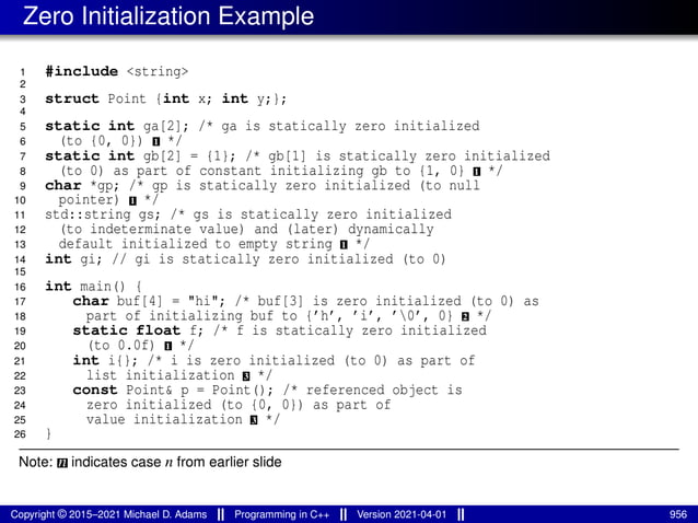 Zero Initialization Example
1 #include <string>
2
3 struct Point {int x; int y;};
4
5 static int ga[2]; /* ga is statically zero initialized
6 (to {0, 0}) 1 */
7 static int gb[2] = {1}; /* gb[1] is statically zero initialized
8 (to 0) as part of constant initializing gb to {1, 0} 1 */
9 char *gp; /* gp is statically zero initialized (to null
10 pointer) 1 */
11 std::string gs; /* gs is statically zero initialized
12 (to indeterminate value) and (later) dynamically
13 default initialized to empty string 1 */
14 int gi; // gi is statically zero initialized (to 0)
15
16 int main() {
17 char buf[4] = "hi"; /* buf[3] is zero initialized (to 0) as
18 part of initializing buf to {’h’, ’i’, ’0’, 0} 2 */
19 static float f; /* f is statically zero initialized
20 (to 0.0f) 1 */
21 int i{}; /* i is zero initialized (to 0) as part of
22 list initialization 3 */
23 const Point& p = Point(); /* referenced object is
24 zero initialized (to {0, 0}) as part of
25 value initialization 3 */
26 }
Note: n indicates case n from earlier slide
Copyright © 2015–2021 Michael D. Adams Programming in C++ Version 2021-04-01 956
 