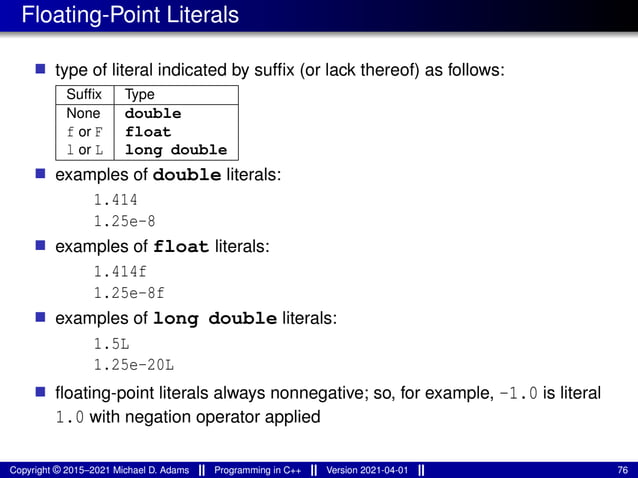 Floating-Point Literals
■ type of literal indicated by suffix (or lack thereof) as follows:
Suffix Type
None double
f or F float
l or L long double
■ examples of double literals:
1.414
1.25e-8
■ examples of float literals:
1.414f
1.25e-8f
■ examples of long double literals:
1.5L
1.25e-20L
■ floating-point literals always nonnegative; so, for example, -1.0 is literal
1.0 with negation operator applied
Copyright © 2015–2021 Michael D. Adams Programming in C++ Version 2021-04-01 76
 
