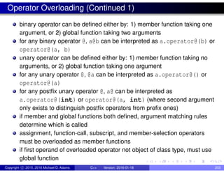Operator Overloading (Continued 1)
binary operator can be defined either by: 1) member function taking one
argument, or 2) global function taking two arguments
for any binary operator @, a@b can be interpreted as a.operator@(b) or
operator@(a, b)
unary operator can be defined either by: 1) member function taking no
arguments, or 2) global function taking one argument
for any unary operator @, @a can be interpreted as a.operator@() or
operator@(a)
for any postfix unary operator @, a@ can be interpreted as
a.operator@(int) or operator@(a, int) (where second argument
only exists to distinguish postfix operators from prefix ones)
if member and global functions both defined, argument matching rules
determine which is called
assignment, function-call, subscript, and member-selection operators
must be overloaded as member functions
if first operand of overloaded operator not object of class type, must use
global function
Copyright c 2015, 2016 Michael D. Adams C++ Version: 2016-01-18 203
 
