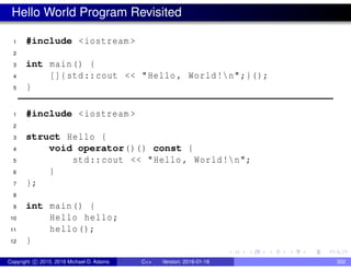 Hello World Program Revisited
1 #include <iostream >
2
3 int main() {
4 []{std::cout << "Hello , World!n";}();
5 }
1 #include <iostream >
2
3 struct Hello {
4 void operator()() const {
5 std::cout << "Hello , World!n";
6 }
7 };
8
9 int main() {
10 Hello hello;
11 hello();
12 }
Copyright c 2015, 2016 Michael D. Adams C++ Version: 2016-01-18 302
 