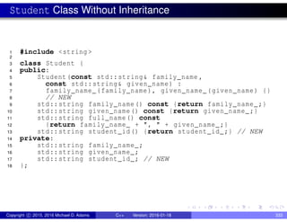 Student Class Without Inheritance
1 #include <string >
2
3 class Student {
4 public:
5 Student(const std::string& family_name ,
6 const std::string& given_name) :
7 family_name_(family_name), given_name_(given_name) {}
8 // NEW
9 std::string family_name() const {return family_name_;}
10 std::string given_name() const {return given_name_;}
11 std::string full_name() const
12 {return family_name_ + ", " + given_name_;}
13 std::string student_id() {return student_id_;} // NEW
14 private:
15 std::string family_name_;
16 std::string given_name_;
17 std::string student_id_; // NEW
18 };
Copyright c 2015, 2016 Michael D. Adams C++ Version: 2016-01-18 333
 