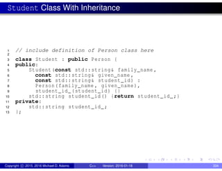 Student Class With Inheritance
1 // include definition of Person class here
2
3 class Student : public Person {
4 public:
5 Student(const std::string& family_name ,
6 const std::string& given_name ,
7 const std::string& student_id) :
8 Person(family_name , given_name),
9 student_id_(student_id) {}
10 std::string student_id() {return student_id_;}
11 private:
12 std::string student_id_;
13 };
Copyright c 2015, 2016 Michael D. Adams C++ Version: 2016-01-18 334
 
