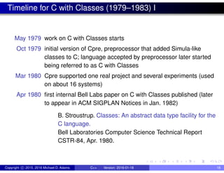 Timeline for C with Classes (1979–1983) I
May 1979 work on C with Classes starts
Oct 1979 initial version of Cpre, preprocessor that added Simula-like
classes to C; language accepted by preprocessor later started
being referred to as C with Classes
Mar 1980 Cpre supported one real project and several experiments (used
on about 16 systems)
Apr 1980 first internal Bell Labs paper on C with Classes published (later
to appear in ACM SIGPLAN Notices in Jan. 1982)
B. Stroustrup. Classes: An abstract data type facility for the
C language.
Bell Laboratories Computer Science Technical Report
CSTR-84, Apr. 1980.
Copyright c 2015, 2016 Michael D. Adams C++ Version: 2016-01-18 18
 