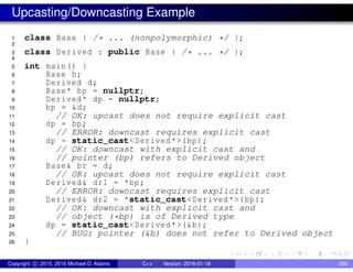 Upcasting/Downcasting Example
1 class Base { /* ... (nonpolymorphic) */ };
2
3 class Derived : public Base { /* ... */ };
4
5 int main() {
6 Base b;
7 Derived d;
8 Base* bp = nullptr;
9 Derived* dp = nullptr;
10 bp = &d;
11 // OK: upcast does not require explicit cast
12 dp = bp;
13 // ERROR: downcast requires explicit cast
14 dp = static_cast<Derived*>(bp);
15 // OK: downcast with explicit cast and
16 // pointer (bp) refers to Derived object
17 Base& br = d;
18 // OK: upcast does not require explicit cast
19 Derived& dr1 = *bp;
20 // ERROR: downcast requires explicit cast
21 Derived& dr2 = *static_cast<Derived*>(bp);
22 // OK: downcast with explicit cast and
23 // object (*bp) is of Derived type
24 dp = static_cast<Derived*>(&b);
25 // BUG: pointer (&b) does not refer to Derived object
26 }
Copyright c 2015, 2016 Michael D. Adams C++ Version: 2016-01-18 360
 