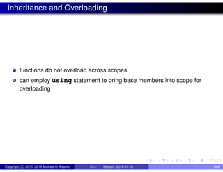Inheritance and Overloading
functions do not overload across scopes
can employ using statement to bring base members into scope for
overloading
Copyright c 2015, 2016 Michael D. Adams C++ Version: 2016-01-18 364
 