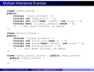Multiple Inheritance Example
class Input_stream {
public:
virtual ˜Input_stream() {}
virtual int read_char() = 0;
virtual int read(char* buffer , int size) = 0;
virtual bool is_input_ready() const = 0;
// ...(all pure virtual, no data)
};
class Output_stream {
public:
virtual ˜Output_stream() {}
virtual int write_char(char c) = 0;
virtual int write(char* buffer , int size) = 0;
virtual int flush_output() = 0;
// ... (all pure virtual, no data)
};
class Input_output_stream : public Input_stream ,
public Output_stream {
// ...
};
Copyright c 2015, 2016 Michael D. Adams C++ Version: 2016-01-18 396
 