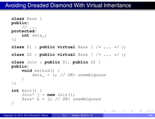 Avoiding Dreaded Diamond With Virtual Inheritance
class Base {
public:
// ...
protected:
int data_;
};
class D1 : public virtual Base { /* ... */ };
class D2 : public virtual Base { /* ... */ };
class Join : public D1, public D2 {
public:
void method() {
data_ = 1; // OK: unambiguous
}
};
int main() {
Join* j = new Join();
Base* b = j; // OK: unambiguous
}
Copyright c 2015, 2016 Michael D. Adams C++ Version: 2016-01-18 400
 