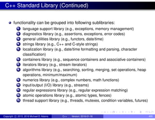 C++ Standard Library (Continued)
functionality can be grouped into following sublibraries:
1 language support library (e.g., exceptions, memory management)
2 diagnostics library (e.g., assertions, exceptions, error codes)
3 general utilities library (e.g., functors, date/time)
4 strings library (e.g., C++ and C-style strings)
5 localization library (e.g., date/time formatting and parsing, character
classification)
6 containers library (e.g., sequence containers and associative containers)
7 iterators library (e.g., stream iterators)
8 algorithms library (e.g., searching, sorting, merging, set operations, heap
operations, minimum/maximum)
9 numerics library (e.g., complex numbers, math functions)
10 input/output (I/O) library (e.g., streams)
11 regular expressions library (e.g., regular expression matching)
12 atomic operations library (e.g., atomic types, fences)
13 thread support library (e.g., threads, mutexes, condition variables, futures)
Copyright c 2015, 2016 Michael D. Adams C++ Version: 2016-01-18 405
 
