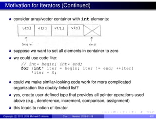 Motivation for Iterators (Continued)
consider array/vector container with int elements:
suppose we want to set all elements in container to zero
we could use code like:
// int* begin; int* end;
for (int* iter = begin; iter != end; ++iter)
*iter = 0;
could we make similar-looking code work for more complicated
organization like doubly-linked list?
yes, create user-defined type that provides all pointer operations used
above (e.g., dereference, increment, comparison, assignment)
this leads to notion of iterator
Copyright c 2015, 2016 Michael D. Adams C++ Version: 2016-01-18 420
 