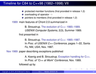 Timeline for C84 to C++98 (1982–1998) VII
protected member functions (first provided in release 1.2)
overloading of operator ->
pointers to members (first provided in release 1.2)
1989 main features of Cfront 2.0 summarized in
B. Stroustrup. The evolution of C++: 1985–1989.
USENIX Computer Systems, 2(3), Summer 1989.
first presented in
B. Stroustrup. The evolution of C++: 1985–1987.
In Proc. of USENIX C++ Conference, pages 1–22, Santa
Fe, NM, USA, Nov. 1987.
Nov 1989 paper describing exceptions published
A. Koenig and B. Stroustrup. Exception handling for C++.
In Proc. of “C++ at Work” Conference, Nov. 1989.
followed up by
Copyright c 2015, 2016 Michael D. Adams C++ Version: 2016-01-18 27
 