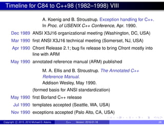 Timeline for C84 to C++98 (1982–1998) VIII
A. Koenig and B. Stroustrup. Exception handling for C++.
In Proc. of USENIX C++ Conference, Apr. 1990.
Dec 1989 ANSI X3J16 organizational meeting (Washington, DC, USA)
Mar 1990 first ANSI X3J16 technical meeting (Somerset, NJ, USA)
Apr 1990 Cfront Release 2.1; bug fix release to bring Cfront mostly into
line with ARM
May 1990 annotated reference manual (ARM) published
M. A. Ellis and B. Stroustrup. The Annotated C++
Reference Manual.
Addison Wesley, May 1990.
(formed basis for ANSI standardization)
May 1990 first Borland C++ release
Jul 1990 templates accepted (Seattle, WA, USA)
Nov 1990 exceptions accepted (Palo Alto, CA, USA)
Copyright c 2015, 2016 Michael D. Adams C++ Version: 2016-01-18 28
 