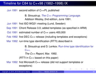 Timeline for C84 to C++98 (1982–1998) IX
Jun 1991 second edition of C++PL published
B. Stroustrup. The C++ Programming Language.
Addison Wesley, 2nd edition, June 1991.
Jun 1991 first ISO WG21 meeting (Lund, Sweden)
Sep 1991 Cfront Release 3.0; added templates (as specified in ARM)
Oct 1991 estimated number of C++ users 400,000
Feb 1992 first DEC C++ release (including templates and exceptions)
Mar 1992 run-time type identification (RTTI) described in
B. Stroustrup and D. Lenkov. Run-time type identification for
C++.
The C++ Report, Mar. 1992.
(RTTI in C++ based on this paper)
Mar 1992 first Microsoft C++ release (did not support templates or
exceptions)
Copyright c 2015, 2016 Michael D. Adams C++ Version: 2016-01-18 29
 