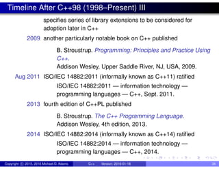 Timeline After C++98 (1998–Present) III
specifies series of library extensions to be considered for
adoption later in C++
2009 another particularly notable book on C++ published
B. Stroustrup. Programming: Principles and Practice Using
C++.
Addison Wesley, Upper Saddle River, NJ, USA, 2009.
Aug 2011 ISO/IEC 14882:2011 (informally known as C++11) ratified
ISO/IEC 14882:2011 — information technology —
programming languages — C++, Sept. 2011.
2013 fourth edition of C++PL published
B. Stroustrup. The C++ Programming Language.
Addison Wesley, 4th edition, 2013.
2014 ISO/IEC 14882:2014 (informally known as C++14) ratified
ISO/IEC 14882:2014 — information technology —
programming languages — C++, 2014.
Copyright c 2015, 2016 Michael D. Adams C++ Version: 2016-01-18 34
 