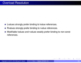 Overload Resolution
Lvalues strongly prefer binding to lvalue references.
Rvalues strongly prefer binding to rvalue references.
Modifiable lvalues and rvalues weakly prefer binding to non-const
references.
Copyright c 2015, 2016 Michael D. Adams C++ Version: 2016-01-18 584
 