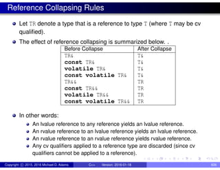 Reference Collapsing Rules
Let TR denote a type that is a reference to type T (where T may be cv
qualified).
The effect of reference collapsing is summarized below. .
Before Collapse After Collapse
TR& T&
const TR& T&
volatile TR& T&
const volatile TR& T&
TR&& TR
const TR&& TR
volatile TR&& TR
const volatile TR&& TR
In other words:
An lvalue reference to any reference yields an lvalue reference.
An rvalue reference to an lvalue reference yields an lvalue reference.
An rvalue reference to an rvalue reference yields rvalue reference.
Any cv qualifiers applied to a reference type are discarded (since cv
qualifiers cannot be applied to a reference).
Copyright c 2015, 2016 Michael D. Adams C++ Version: 2016-01-18 606
 