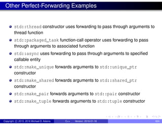 Other Perfect-Forwarding Examples
std::thread constructor uses forwarding to pass through arguments to
thread function
std::packaged_task function-call operator uses forwarding to pass
through arguments to associated function
std::async uses forwarding to pass through arguments to specified
callable entity
std::make_unique forwards arguments to std::unique_ptr
constructor
std::make_shared forwards arguments to std::shared_ptr
constructor
std::make_pair forwards arguments to std::pair constructor
std::make_tuple forwards arguments to std::tuple constructor
Copyright c 2015, 2016 Michael D. Adams C++ Version: 2016-01-18 624
 