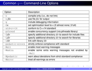Common g++ Command-Line Options
Option Description
-c compile only (i.e., do not link)
-o file use file file for output
-g include debugging information
-On set optimization level to n (0 almost none; 3 full)
-std=c++14 conform to C++14 standard
-pthread enable concurrency support (via pthreads library)
-Idir specify additional directory dir to search for include files
-Ldir specify additional directory dir to search for libraries
-llib link with library lib
-pedantic-errors strictly enforce compliance with standard
-Wall enable most warning messages
-Wextra enable some extra warning messages not enabled by
-Wall
-Wpedantic warn about deviations from strict standard compliance
-Werror treat all warnings as errors
Copyright c 2015, 2016 Michael D. Adams C++ Version: 2016-01-18 47
 