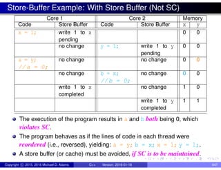 Store-Buffer Example: With Store Buffer (Not SC)
Core 1 Core 2 Memory
Code Store Buffer Code Store Buffer x y
x = 1; write 1 to x
pending
0 0
no change y = 1; write 1 to y
pending
0 0
a = y;
//a = 0;
no change no change 0 0
no change b = x;
//b = 0;
no change 0 0
write 1 to x
completed
no change 1 0
write 1 to y
completed
1 1
The execution of the program results in a and b both being 0, which
violates SC.
The program behaves as if the lines of code in each thread were
reordered (i.e., reversed), yielding: a = y; b = x; x = 1; y = 1;.
A store buffer (or cache) must be avoided, if SC is to be maintained.
Copyright c 2015, 2016 Michael D. Adams C++ Version: 2016-01-18 647
 