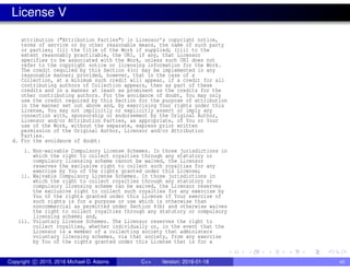 License V
attribution ("Attribution Parties") in Licensor’s copyright notice,
terms of service or by other reasonable means, the name of such party
or parties; (ii) the title of the Work if supplied; (iii) to the
extent reasonably practicable, the URI, if any, that Licensor
specifies to be associated with the Work, unless such URI does not
refer to the copyright notice or licensing information for the Work.
The credit required by this Section 4(c) may be implemented in any
reasonable manner; provided, however, that in the case of a
Collection, at a minimum such credit will appear, if a credit for all
contributing authors of Collection appears, then as part of these
credits and in a manner at least as prominent as the credits for the
other contributing authors. For the avoidance of doubt, You may only
use the credit required by this Section for the purpose of attribution
in the manner set out above and, by exercising Your rights under this
License, You may not implicitly or explicitly assert or imply any
connection with, sponsorship or endorsement by the Original Author,
Licensor and/or Attribution Parties, as appropriate, of You or Your
use of the Work, without the separate, express prior written
permission of the Original Author, Licensor and/or Attribution
Parties.
d. For the avoidance of doubt:
i. Non-waivable Compulsory License Schemes. In those jurisdictions in
which the right to collect royalties through any statutory or
compulsory licensing scheme cannot be waived, the Licensor
reserves the exclusive right to collect such royalties for any
exercise by You of the rights granted under this License;
ii. Waivable Compulsory License Schemes. In those jurisdictions in
which the right to collect royalties through any statutory or
compulsory licensing scheme can be waived, the Licensor reserves
the exclusive right to collect such royalties for any exercise by
You of the rights granted under this License if Your exercise of
such rights is for a purpose or use which is otherwise than
noncommercial as permitted under Section 4(b) and otherwise waives
the right to collect royalties through any statutory or compulsory
licensing scheme; and,
iii. Voluntary License Schemes. The Licensor reserves the right to
collect royalties, whether individually or, in the event that the
Licensor is a member of a collecting society that administers
voluntary licensing schemes, via that society, from any exercise
by You of the rights granted under this License that is for a
Copyright c 2015, 2016 Michael D. Adams C++ Version: 2016-01-18 vii
 