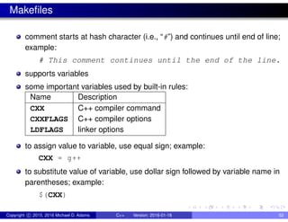 Makefiles
comment starts at hash character (i.e., “#”) and continues until end of line;
example:
# This comment continues until the end of the line.
supports variables
some important variables used by built-in rules:
Name Description
CXX C++ compiler command
CXXFLAGS C++ compiler options
LDFLAGS linker options
to assign value to variable, use equal sign; example:
CXX = g++
to substitute value of variable, use dollar sign followed by variable name in
parentheses; example:
$(CXX)
Copyright c 2015, 2016 Michael D. Adams C++ Version: 2016-01-18 52
 