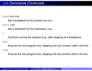 gdb Commands (Continued)
break function
Set a breakpoint at the function function.
watch expr
Set a watchpoint for the expression expr.
c
Continue running the program (e.g., after stopping at a breakpoint).
next
Execute the next program line, stepping over any function calls in the line.
step
Execute the next program line, stepping into any function calls in the line.
Copyright c 2015, 2016 Michael D. Adams C++ Version: 2016-01-18 61
 