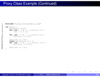 Proxy Class Example (Continued)
1 #include "proxy_class_example_1.hpp"
2
3 int main() {
4 BoolVector v(16);
5 for (int i = 0; i < v.size(); ++i) {
6 v[i] = (i & 1);
7 }
8 for (int i = 0; i < v.size(); ++i) {
9 std::cout << v[i];
10 }
11 std::cout << ’n’;
12 const BoolVector& cv = v;
13 for (int i = 0; i < cv.size(); ++i) {
14 std::cout << cv[i];
15 }
16 std::cout << ’n’;
17 }
Copyright c 2015, 2016 Michael D. Adams C++ Version: 2016-01-18 838
 