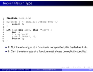 Implicit Return Type
1 #include <stdio.h>
2
3 myfunc() { /* implicit return type */
4 return 3;
5 }
6
7 int main(int argc , char **argv) {
8 int i;
9 i = myfunc();
10 printf("%dn", i);
11 return 0;
12 }
In C, if the return type of a function is not specified, it is treated as int.
In C++, the return type of a function must always be explicitly specified.
Copyright c 2015, 2016 Michael D. Adams C++ Version: 2016-01-18 843
 