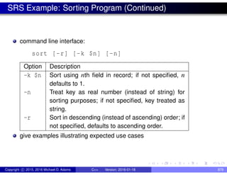 SRS Example: Sorting Program (Continued)
command line interface:
sort [-r] [-k $n] [-n]
Option Description
-k $n Sort using nth field in record; if not specified, n
defaults to 1.
-n Treat key as real number (instead of string) for
sorting purposes; if not specified, key treated as
string.
-r Sort in descending (instead of ascending) order; if
not specified, defaults to ascending order.
give examples illustrating expected use cases
Copyright c 2015, 2016 Michael D. Adams C++ Version: 2016-01-18 879
 