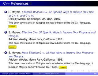 C++ References II
4 S. Meyers. Effective Modern C++: 42 Specific Ways to Improve Your Use
of C++11 and C++14.
O’Reilly Media, Cambridge, MA, USA, 2015.
This book covers a list of 42 topics on how to better utilize the C++ language.
Excellent
5 S. Meyers. Effective C++: 50 Specific Ways to Improve Your Programs and
Designs.
Addison Wesley, Menlo Park, California, 1992.
This book covers a list of 50 topics on how to better utilize the C++ language.
Excellent
6 S. Meyers. More Effective C++: 35 New Ways to Improve Your Programs
and Designs.
Addison Wesley, Menlo Park, California, 1996.
This book covers a list of 35 topics on how to better utilize the C++ language. It
builds on Meyers’ earlier “Effective C++” book. Excellent
Copyright c 2015, 2016 Michael D. Adams C++ Version: 2016-01-18 890
 