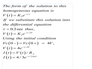  
 
   
 
/
2
/.2
2
0.2sec ,
0 0 4 ,
4
t
t V
The form of the solution to this
homogeneous equation is
V t K e
If we substitute this solution into
the differential equation
thus
V t K e
Using the initial condition
Vc Vc V
V t e







   

   
 
/.2
2
/.2
/
4 / 3
t V
t mA
I t V t R
I t e




 
