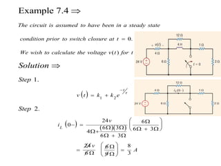 0.
( ) 0
1.
Example 7.4
The circuit is assumed to have been in a steady state
condition prior to switch closure at t
We wish to calculate the voltage v t for t
Step
Solution




 
    
1 2
.
24 6
0
6 3 6 3
4
6 3
24 8
6
6 3
9
2
t
L
v t k k e
v
i
v
A
Step


 
 

   
    
 

  
 

 
 
 
 
 
 