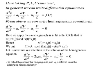 2
1 2
2
2
1 2
2
, , tan ,
a ( )
hom
a 0
Heretaking R L C cons t
In general we can write differential equation as
d v dV V
a f t
dt dt L
From above we can write ogeneous equation as
d v dV V
a
dt dt L
  
  
Here we apply the same approach as in Ist order CKTs that is
x(t)=xp(t) and x(t)=xc(t)
Hence x(t) = xp(t) + xc(t)
We put f(t)=A such that x(t) = A/a2+ xc(t)
Let us now turn our attention to the solution of the homogeneous
equation 2
2
0 0
2
2 0
d v dV V
dt dt L
 
  
is called the exponential damping ratio, and ω0 is referred to as the
undamped natural frequency.
𝜍
 