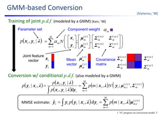 GMM‐based Conversion




























M
m
yy
m
yx
m
xy
m
xx
m
y
m
x
m
t
t
m
1
)()(
)()(
)(
)(
,;
ΣΣ
ΣΣ
μ
μ
y
x
N λyx |, ttp
Parameter set
Joint feature
vector tx
ty
Mean
vector
Component weight
Covariance
matrix
m
)(x
mμ )(xx
mΣ
)( y
mμ )( yx
mΣ
)(xy
mΣ
)( yy
mΣ
   
 
   
 

M
m
xy
m
xy
tmtt
ttt
tt
tt mp
p
p
p
1
)|()|(
, ,;,|
d|,
|,
,| Σμyλx
yλyx
λyx
λxy N
Conversion w/ conditional p.d.f. (also modeled by a GMM)
Training of joint p.d.f. (modeled by a GMM) [Kain; ’98]
1. VC progress on conversion model: 5
[Stylianou; ’98]
    

M
m
xy
tmtttttt mpp
1
)|(
,,|d,|ˆ μλxyλxyyyMMSE estimate:
 