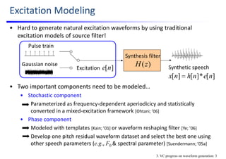 Excitation Modeling
• Hard to generate natural excitation waveforms by using traditional 
excitation models of source filter!
• Two important components need to be modeled…
• Stochastic component
Parameterized as frequency‐dependent aperiodicicy and statistically 
converted in a mixed‐excitation framework [Ohtani; ’06]
• Phase component
Modeled with templates [Kain; ’01] or waveform reshaping filter [Ye; ’06] 
Develop one pitch residual waveform dataset and select the best one using 
other speech parameters (e.g., F0 & spectral parameter) [Suendermann; ’05a]
3. VC progress on waveform generation: 3
Excitation
Pulse train
Gaussian noise
Synthetic speech
Synthesis filter
)(zH
][*][][ nenhnx 
][ne
 