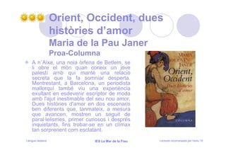 Orient, Occident, dues
                   històries d’amor
                   Maria de la Pau Janer
                   Proa-Columna
    A n´Aixa, una noia òrfena de Betlem, se
    li obre el món quan coneix un jove
    palestí amb qui manté una relació
    secreta que la fa somniar desperta.
    Mentrestant, a Barcelona, un periodista
    mallorquí també viu una experiència
    exultant en esdevenir escriptor de moda
    amb l'ajut inestimable del seu nou amor.
    Dues històries d'amor en dos escenaris
    ben diferents que, tanmateix, a mesura
    que avancen, mostren un seguit de
    paral·lelismes, primer curiosos i després
    inquietants, fins trobar-se en un clímax
    tan sorprenent com esclatant.
Llengua catalana              IES La Mar de la Frau   Lectures recomanades per l’estiu 18
 