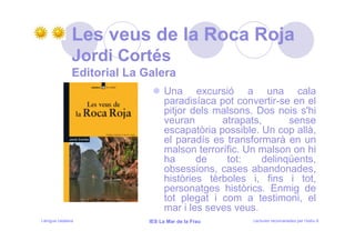 Les veus de la Roca Roja
               Jordi Cortés
               Editorial La Galera
                                   Una excursió a una cala
                                   paradisíaca pot convertir-se en el
                                   pitjor dels malsons. Dos nois s'hi
                                   veuran       atrapats,      sense
                                   escapatòria possible. Un cop allà,
                                   el paradís es transformarà en un
                                   malson terrorífic. Un malson on hi
                                   ha      de    tot:    delinqüents,
                                   obsessions, cases abandonades,
                                   històries tèrboles i, fins i tot,
                                   personatges històrics. Enmig de
                                   tot plegat i com a testimoni, el
                                   mar i les seves veus.
Llengua catalana             IES La Mar de la Frau    Lectures recomanades per l’estiu 8
 