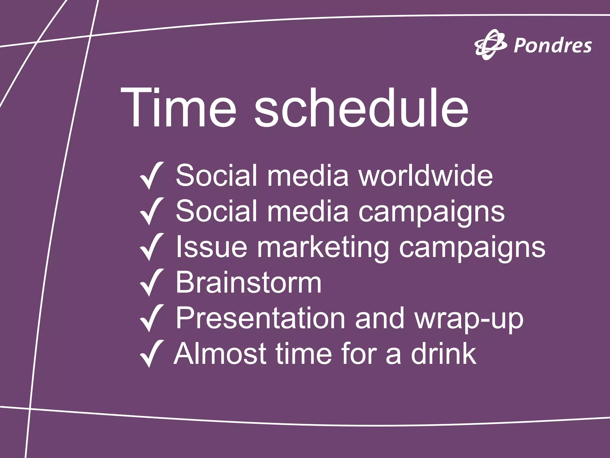 Time schedule
✓ Social media worldwide
✓ Social media campaigns
✓ Issue marketing campaigns
✓ Brainstorm
✓ Presentation and wrap-up
✓ Almost time for a drink
 