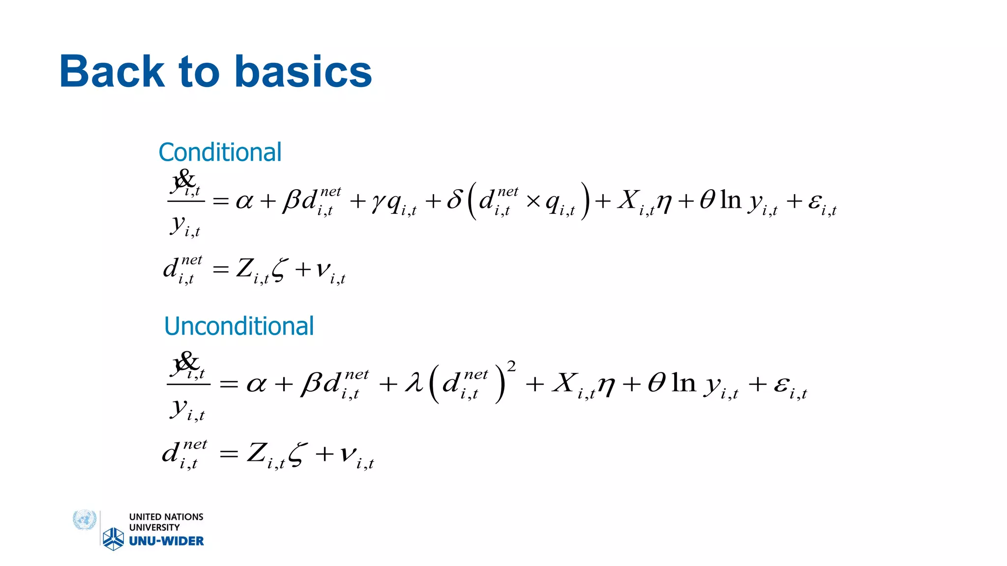 Back to basics
Conditional
Unconditional
 ,
, , , , , , ,
,
, , ,
lni t net net
i t i t i t i t i t i t i t
i t
net
i t i t i t
y
d q d q X y
y
d Z
      
 
       
 
&
 
2,
, , , , ,
,
, , ,
lni t net net
i t i t i t i t i t
i t
net
i t i t i t
y
d d X y
y
d Z
     
 
     
 
&
 