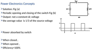 Power Electronics Concepts
Solution: Fig (a)
Periodic opening and closing of the switch Fig (b)
Output: not a constant dc voltage
the average value is 1/3 of the source voltage
Power absorbed by switch
When closed ,
When opened ,
Efficiency=100%
 