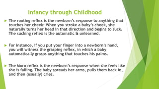 Infancy through Childhood
 The rooting reflex is the newborn’s response to anything that
touches her cheek: When you stroke a baby’s cheek, she
naturally turns her head in that direction and begins to suck.
The sucking reflex is the automatic & unlearned.
 For instance, if you put your finger into a newborn’s hand,
you will witness the grasping reflex, in which a baby
automatically grasps anything that touches his palms.
 The Moro reflex is the newborn’s response when she feels like
she is falling. The baby spreads her arms, pulls them back in,
and then (usually) cries.
 